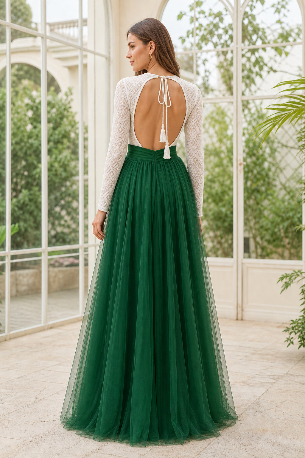 Emerald Bateau Long Sleeves Two-Piece Tulle, Lace Floor-length Formal Dress With Lace and Two-Piece and Open Back