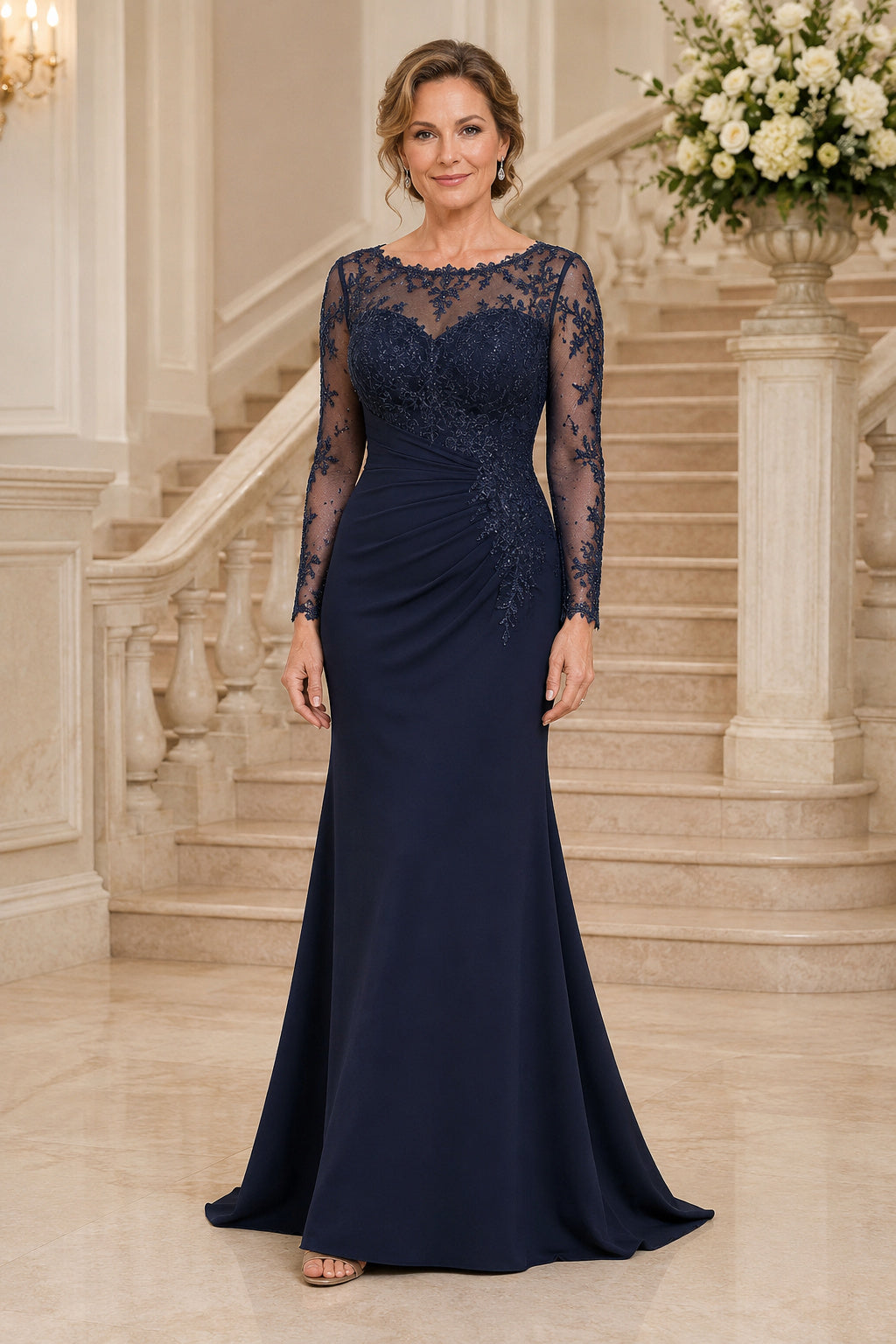 Dark Navy Long Sleeve Mermaid Mother Dress with Lace Illusion Bodice and Train front view
