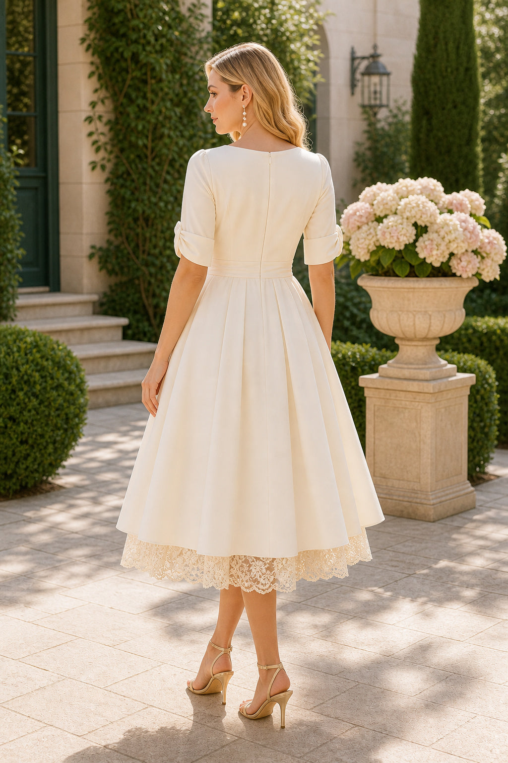 Ivory V-neck Half Sleeves Mermaid Satin, Lace Tea-length Dress With Lace Hem