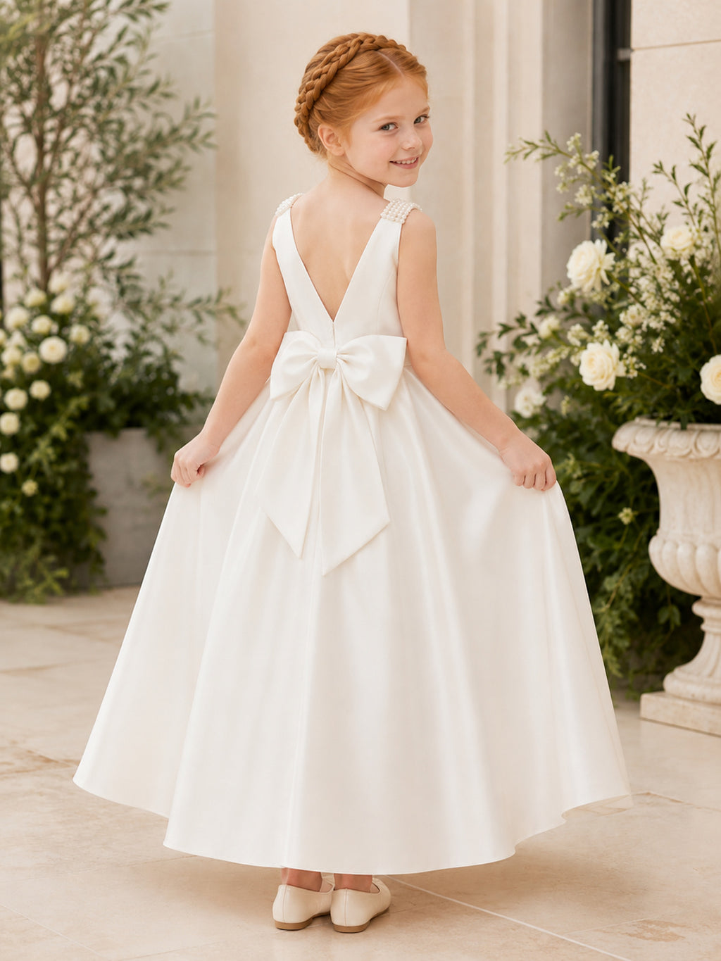 Flower Girl Dress Ivory Satin A-Line V-Neck Tea Length Bow Back back view