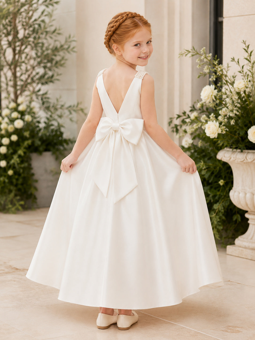 Flower Girl Dress Ivory Satin A-Line V-Neck Tea Length Bow Back back view
