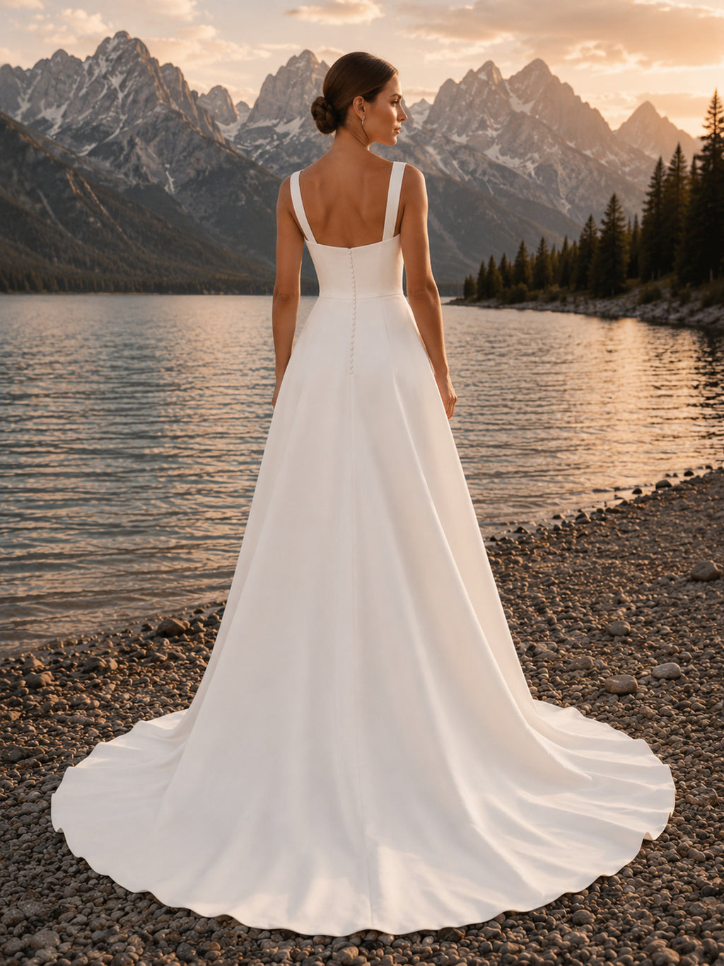 Square Neck Wide Strap Satin A-Line Chapel Train Lakeside Wedding Gown back view