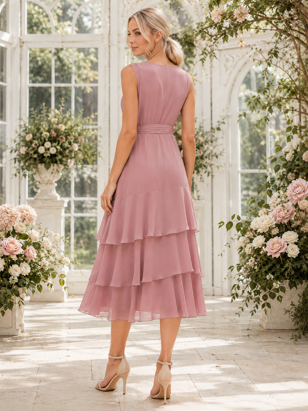 Dusty Rose V Neck Tiered Chiffon Tea Length Guest Dress back view