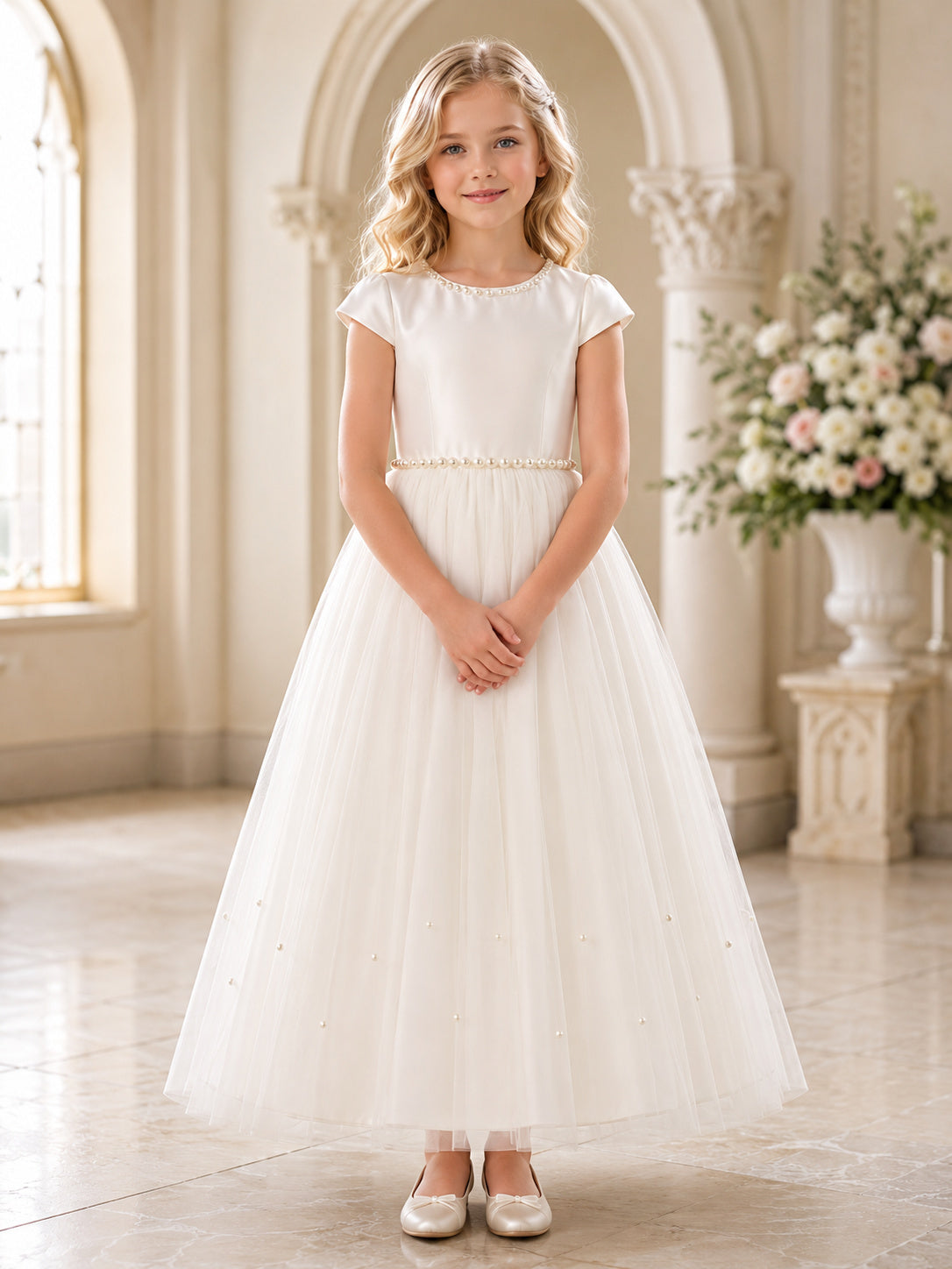 Cap Sleeve Beaded Tulle Communion Flowergirl Ankle Length Dress front view
