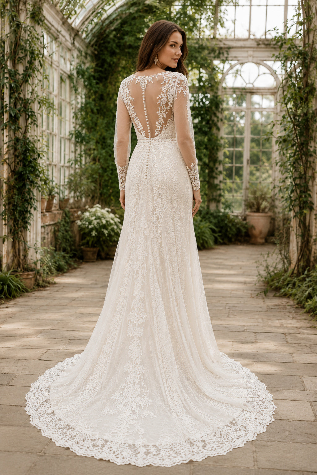 Ivory Long Sleeve Illusion V-Neck A-Line Wedding Dress with Lace Skirt and Sweep Train back view