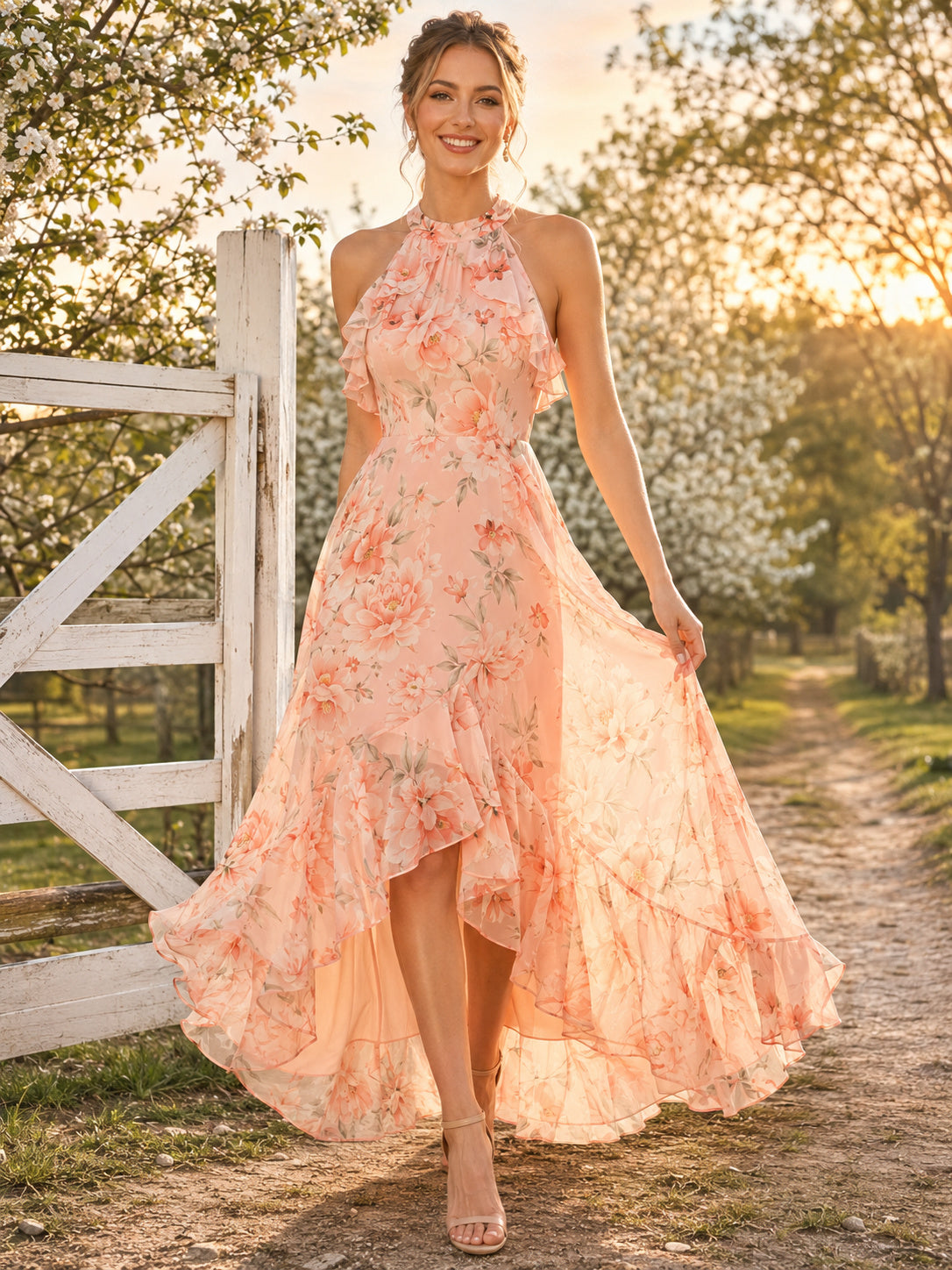 Peach Floral Halter Cape Ruffle High Low Guest Dress front view