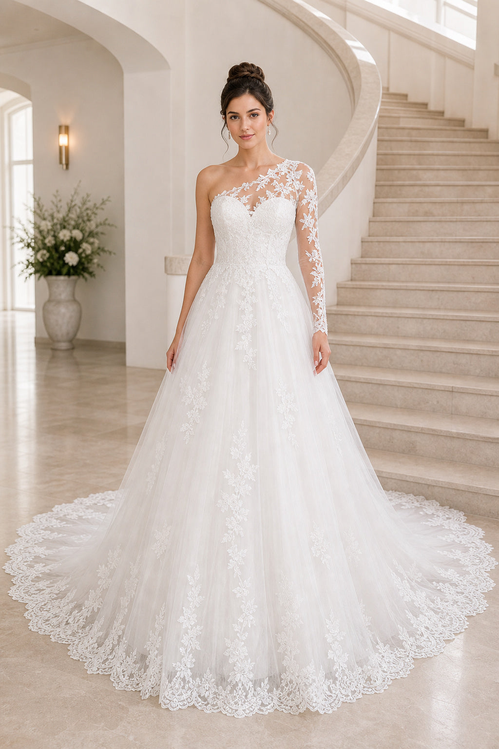 Ivory V-neck Ball Gown Tulle Floor-length Wedding Dress With Floral Appliques and Front Slit and Open Back