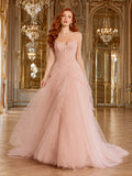 Blush strapless corset tulle floor length ballroom ball gown front view