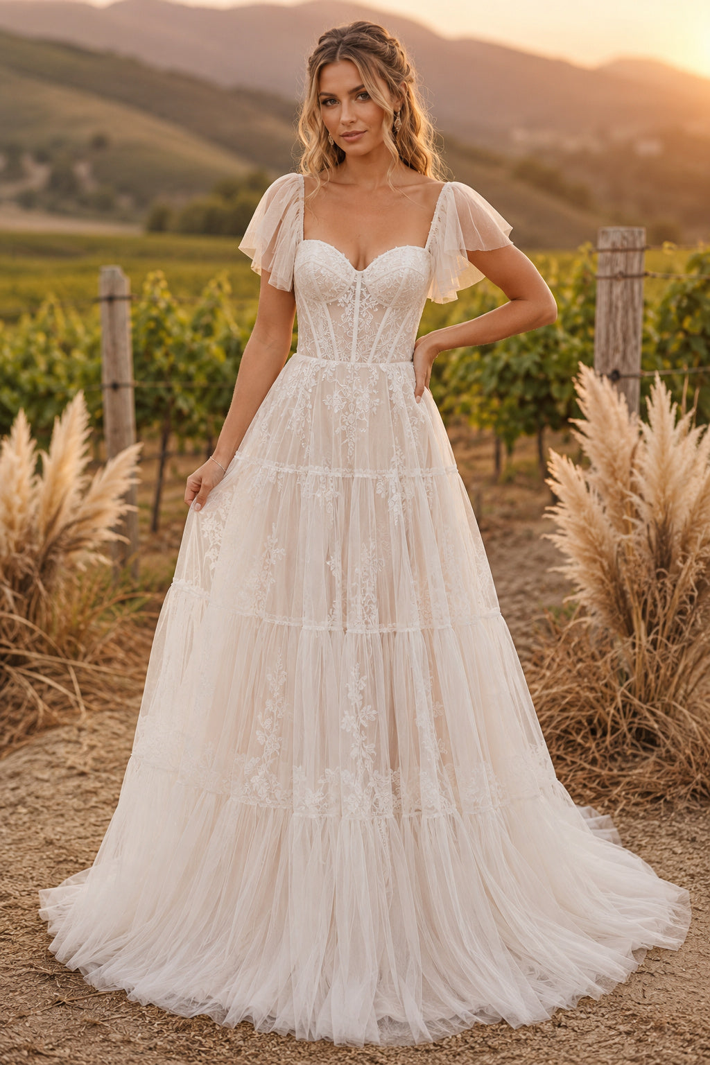 V-Neck Puff Sleeve Tiered A-Line Wedding Dress with Lace Bodice and Tulle Train for Rustic Garden Ceremony front view