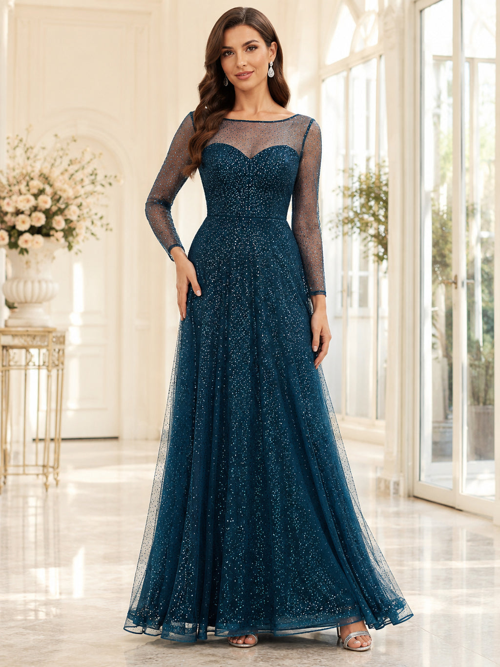Peacock Bateau Illusion Long Sleeve Glitter Tulle A-Line Formal Gown front view