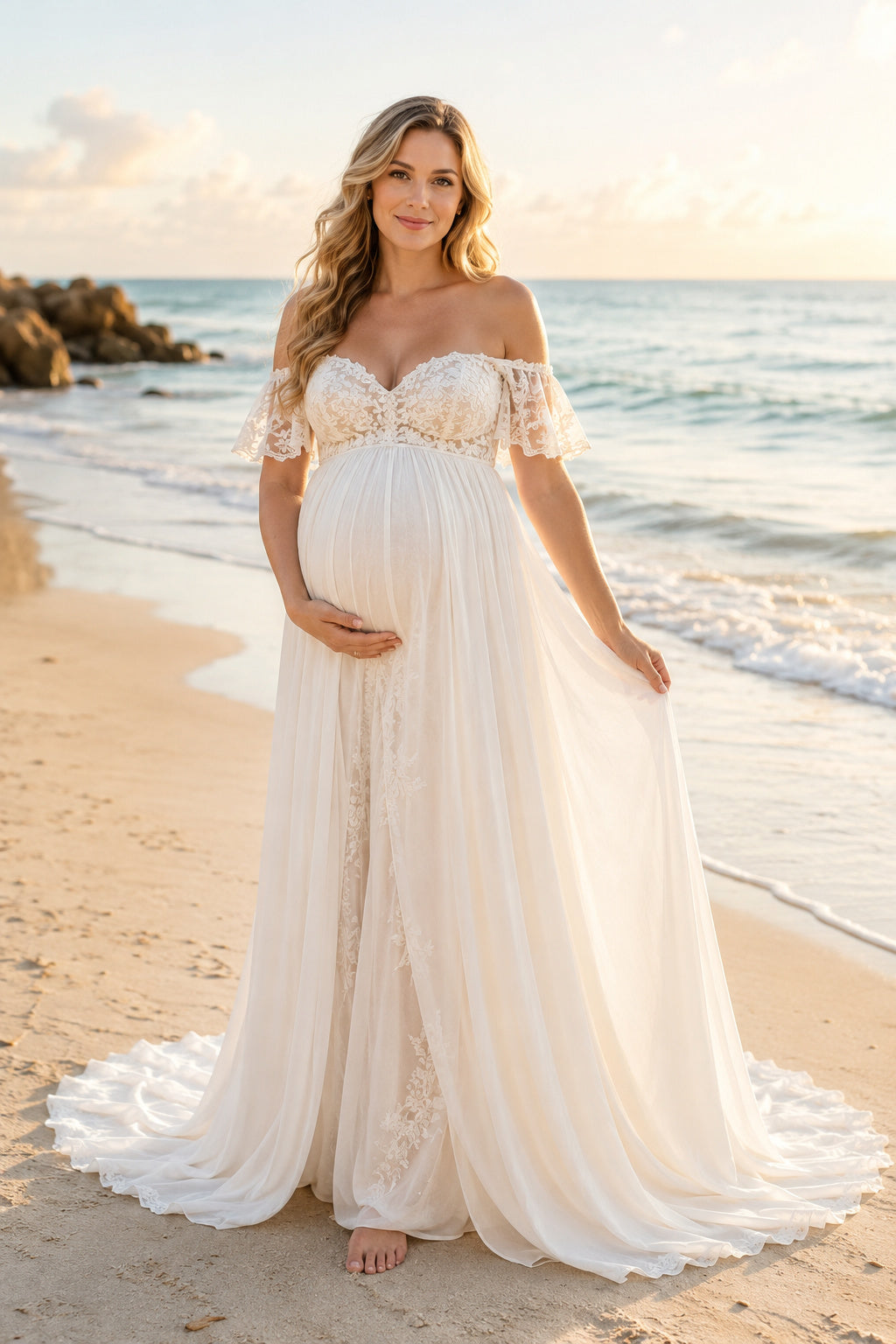 Ivory Off-the-Shoulder Lace Maternity Beach Wedding Dress with Sweep Train front view