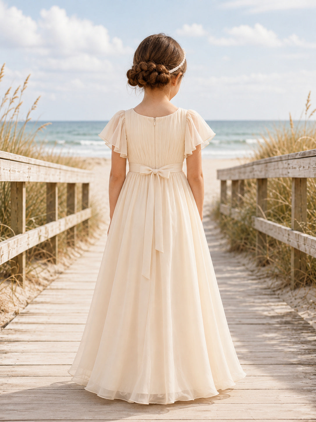 Champagne Flutter Sleeve Floral Chiffon A-Line Flower Girl Dress with Floor-Length Skirt back view