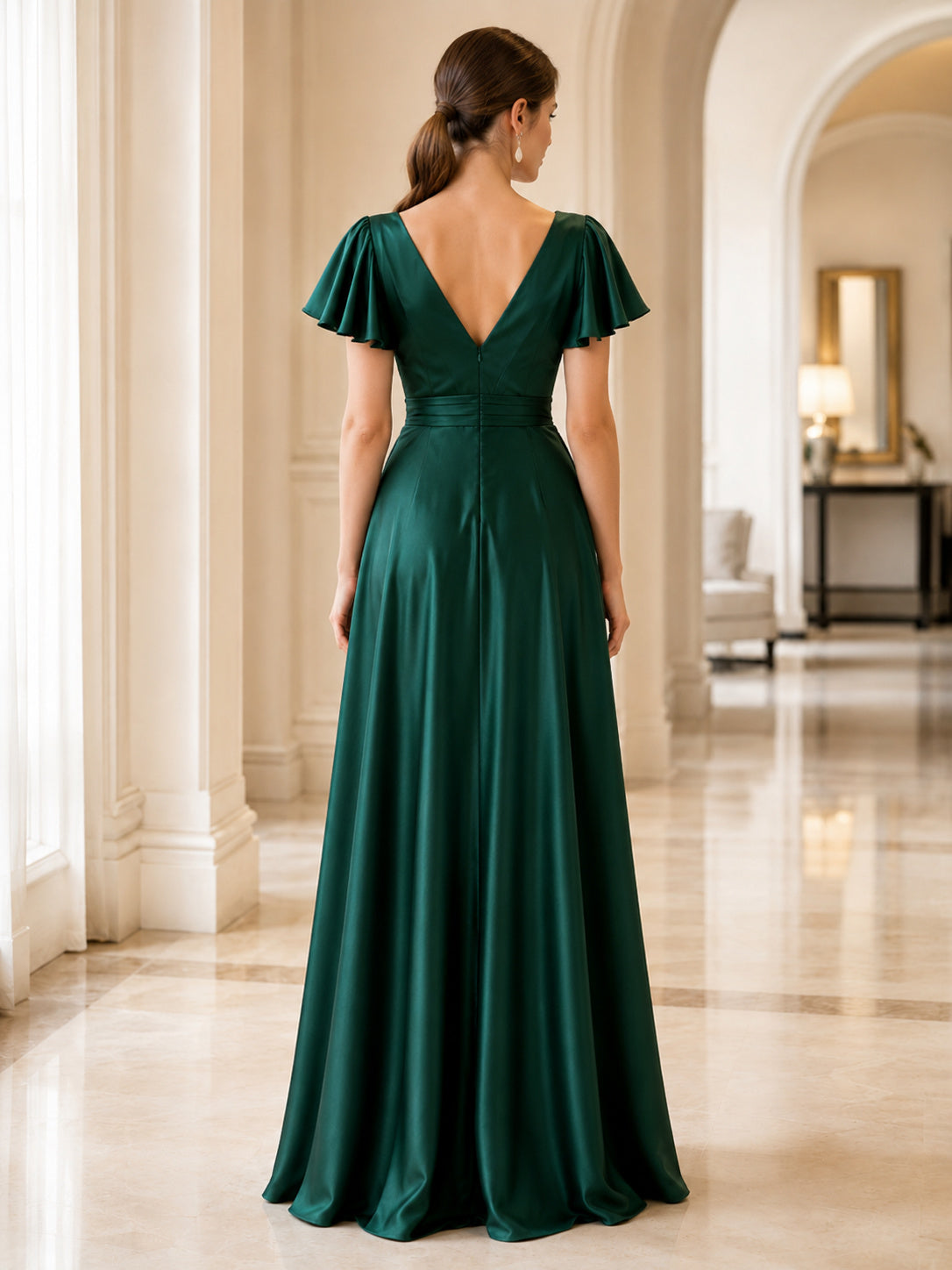 Dark Green Flutter Sleeve Satin Formal Gown back view