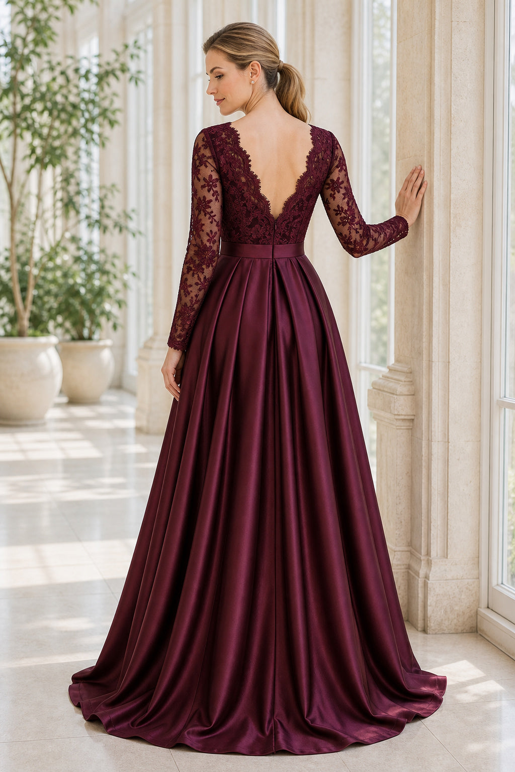 Burgundy V-neck Long Sleeve A-Line Satin Floor-Length Dress With Lace Bodice