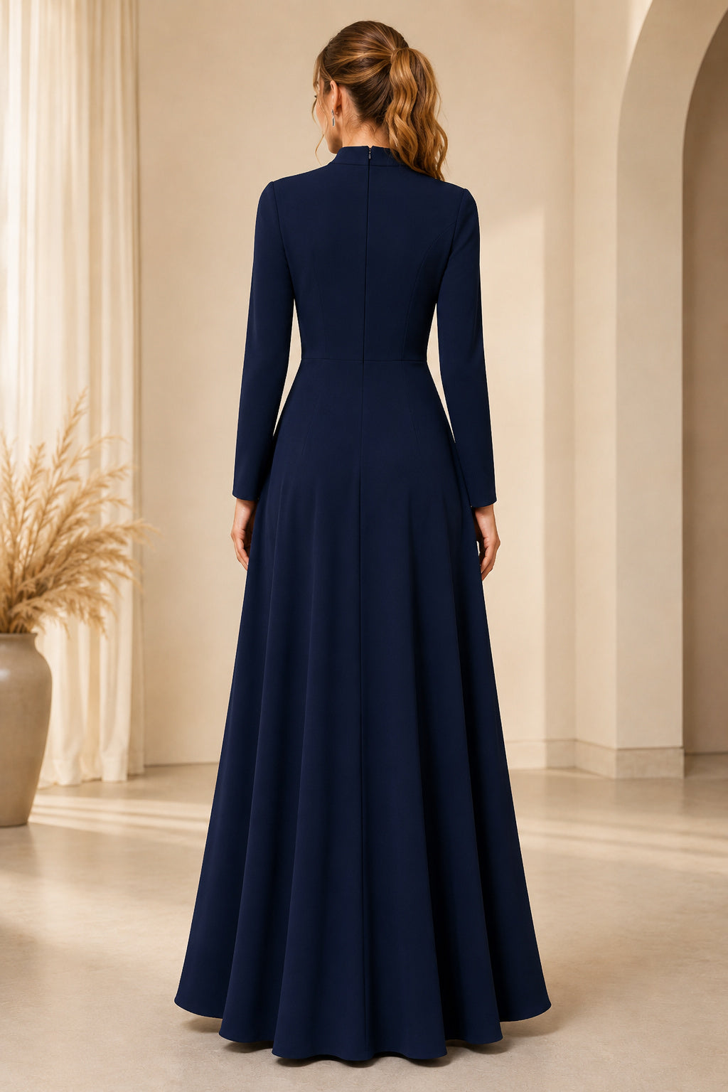 Evening Gown Dark Navy Chiffon A-Line High Neck Long Sleeve Floor Length back view