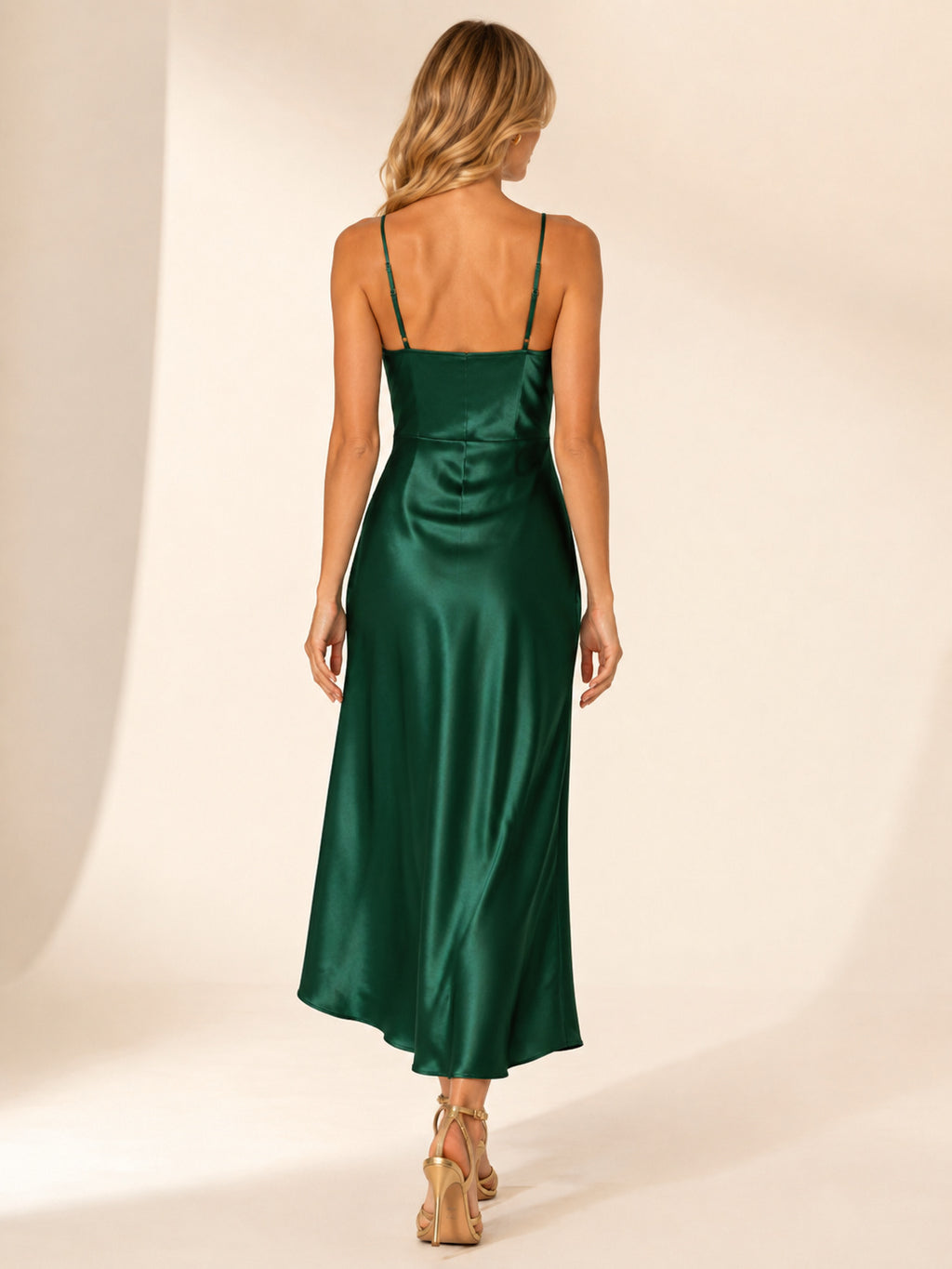 Emerald Cowl Neck Spaghetti Strap Satin Slip Midi Dress back view