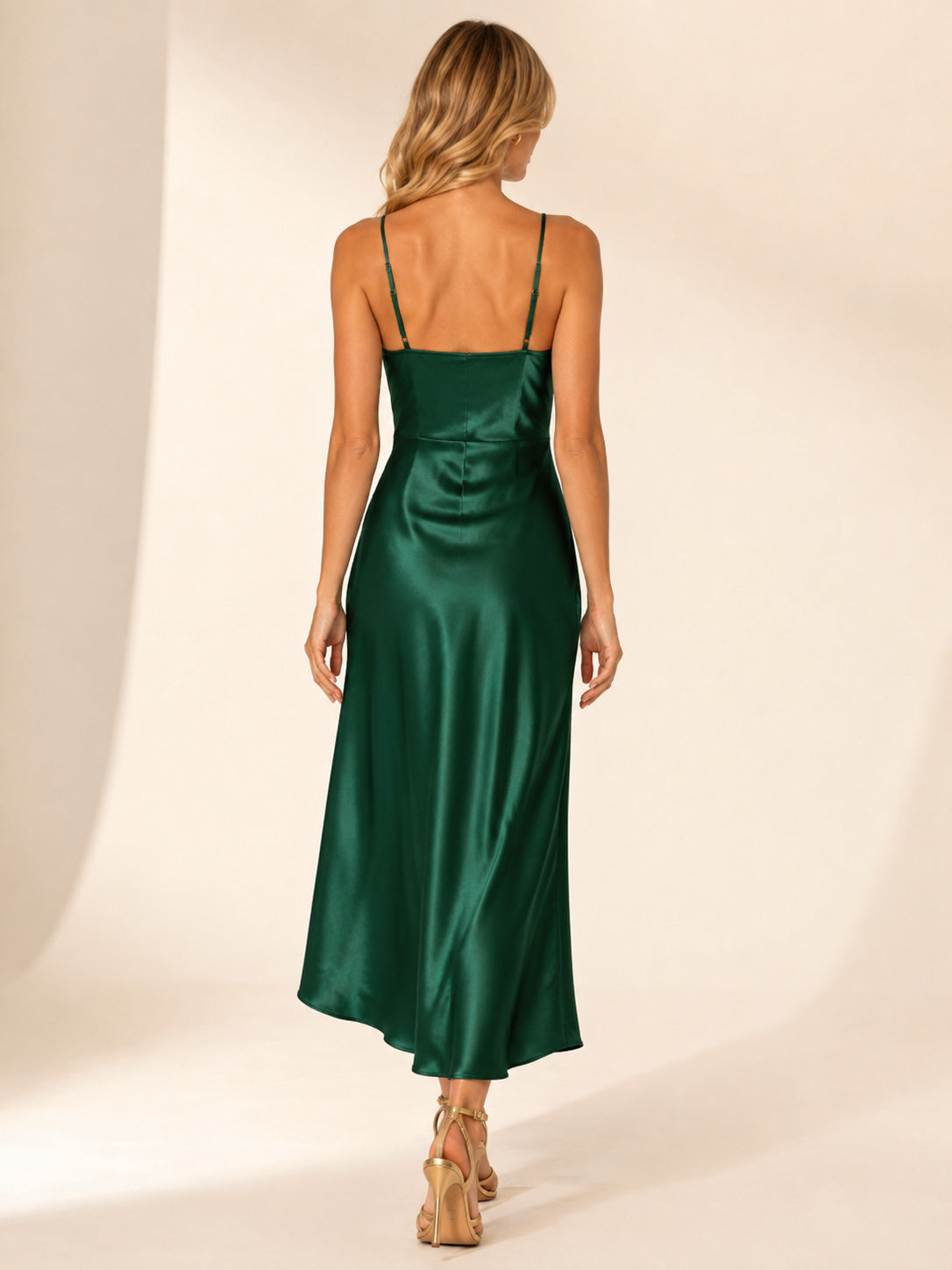 Emerald Cowl Neck Spaghetti Strap Satin Slip Midi Dress back view