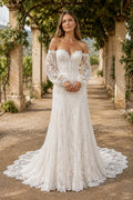 Ivory Off-the-Shoulder Long Sleeve Lace Sheath Wedding Dress with Sweep Train front view