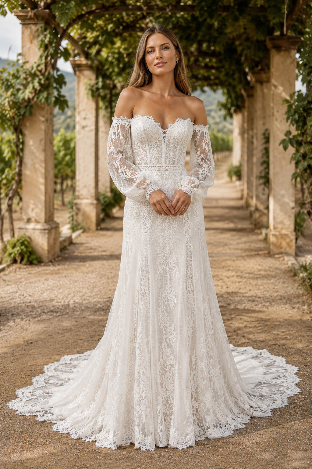 Ivory Off-the-Shoulder Long Sleeve Lace Sheath Wedding Dress with Sweep Train front view
