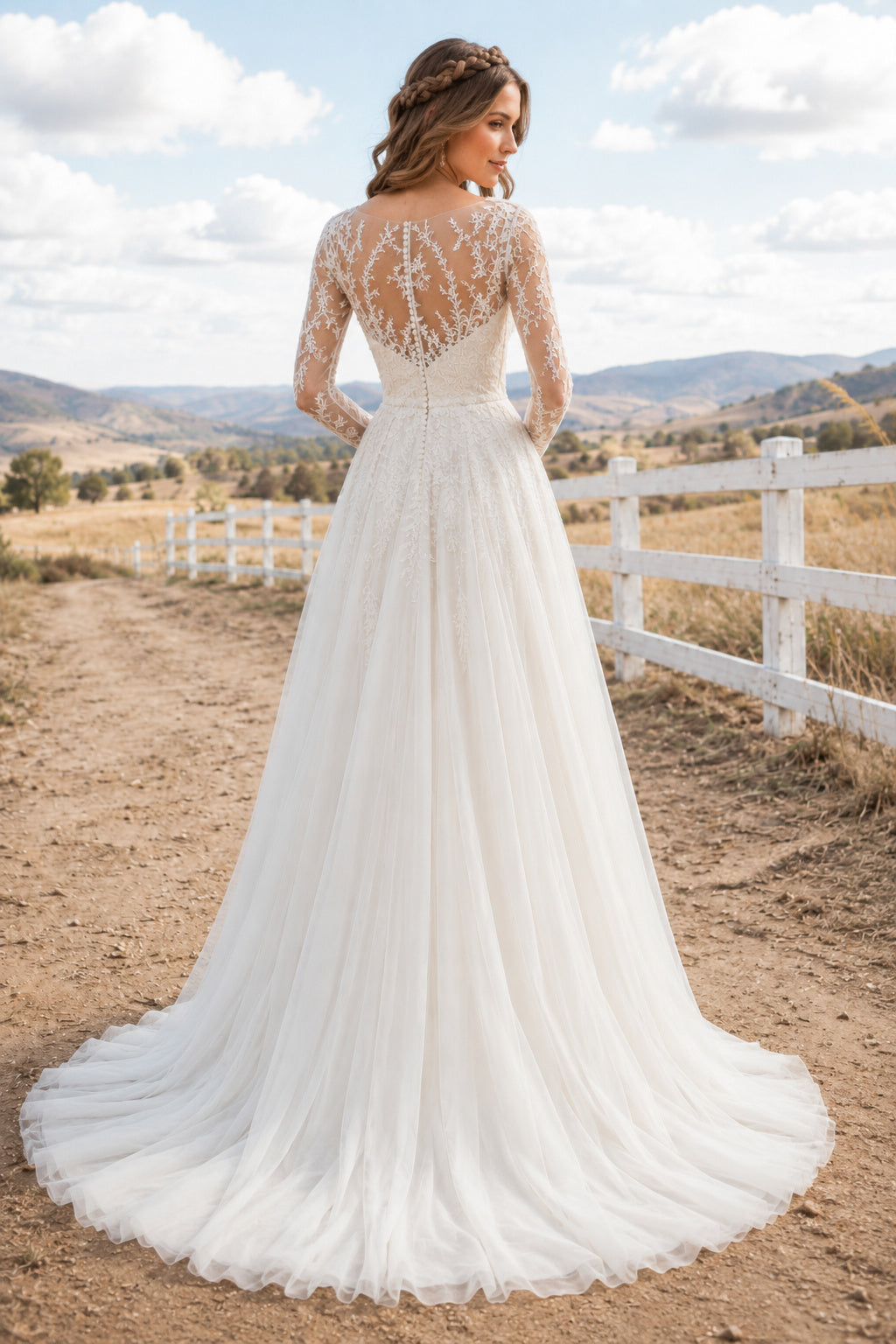 One Shoulder Sweetheart A-Line Wedding Dress with Illusion Lace Sleeve and Tulle Train back view