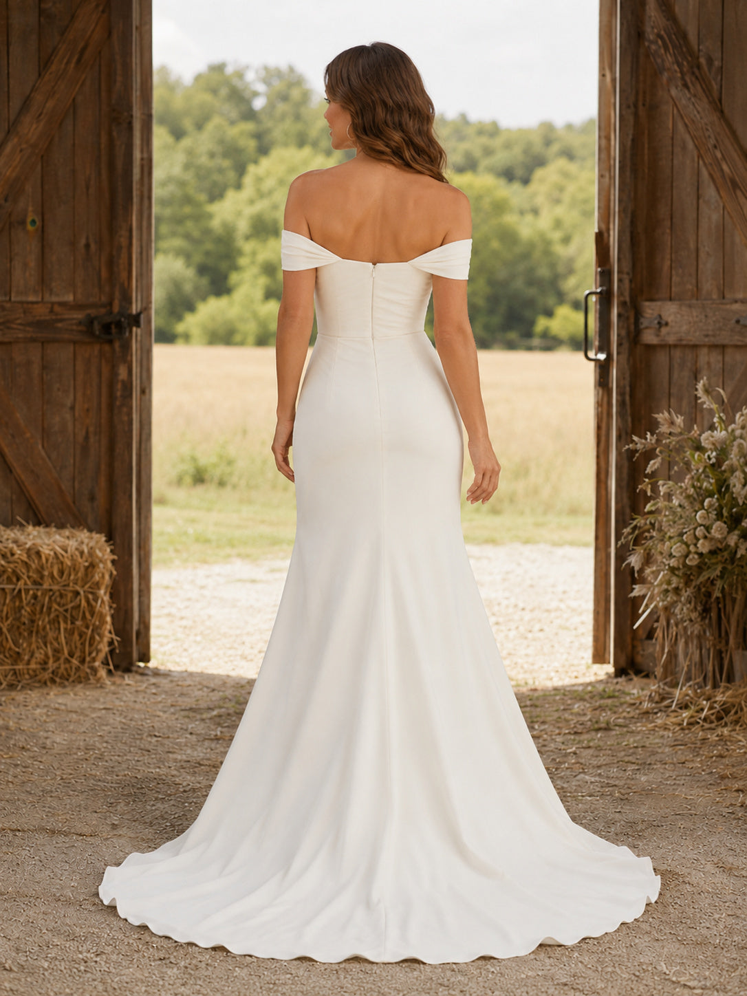 Crepe Mermaid Off Shoulder Sweetheart Short Sleeve Wedding Dress back view