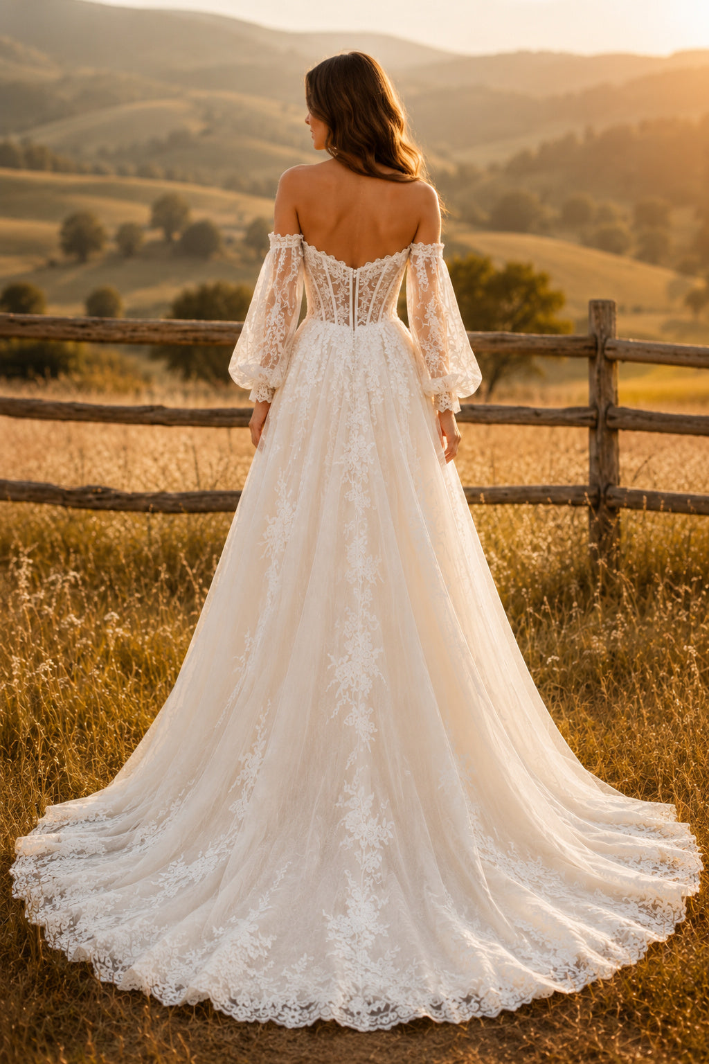 Off the Shoulder Bell Sleeve A-Line Wedding Dress with Lace Bodice and Long Train back view