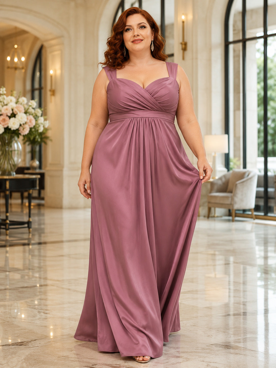 Plus Size Mauve V Neck Sleeveless Empire Floor Length A Line Gown front view