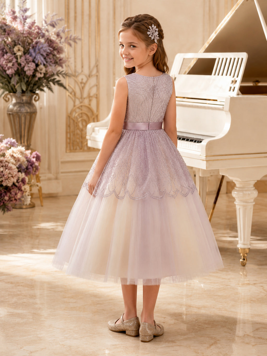 Lavender Flower Girl Dress Tea-Length Beaded Tulle Ball Gown Sleeveless Bateau Neck Scalloped Art Deco Overlay back view