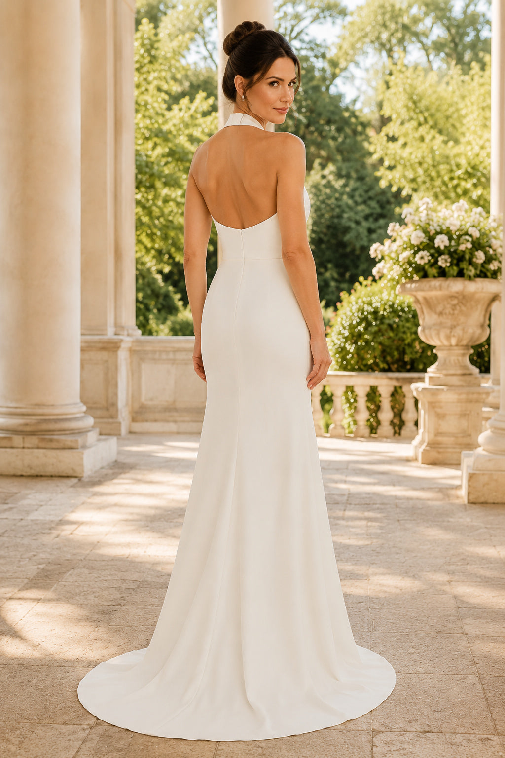 Ivory halter sheath wedding dress with open back and sweep train Floor-length And Sweep/Brush Train Sheath Wedding Dress back