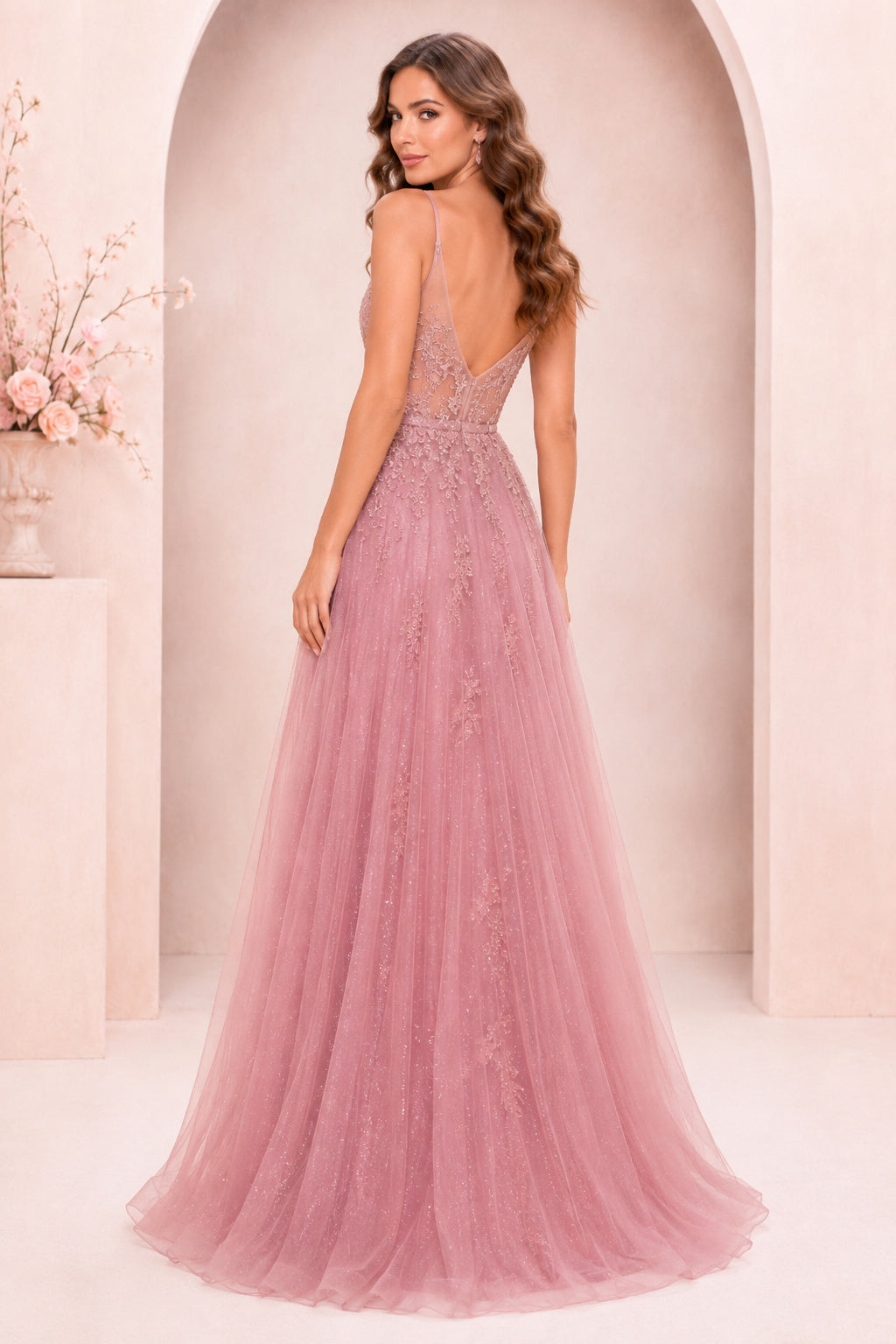 Dusty Rose Glitter Tulle A-Line Formal Dress with Deep V Neck back view