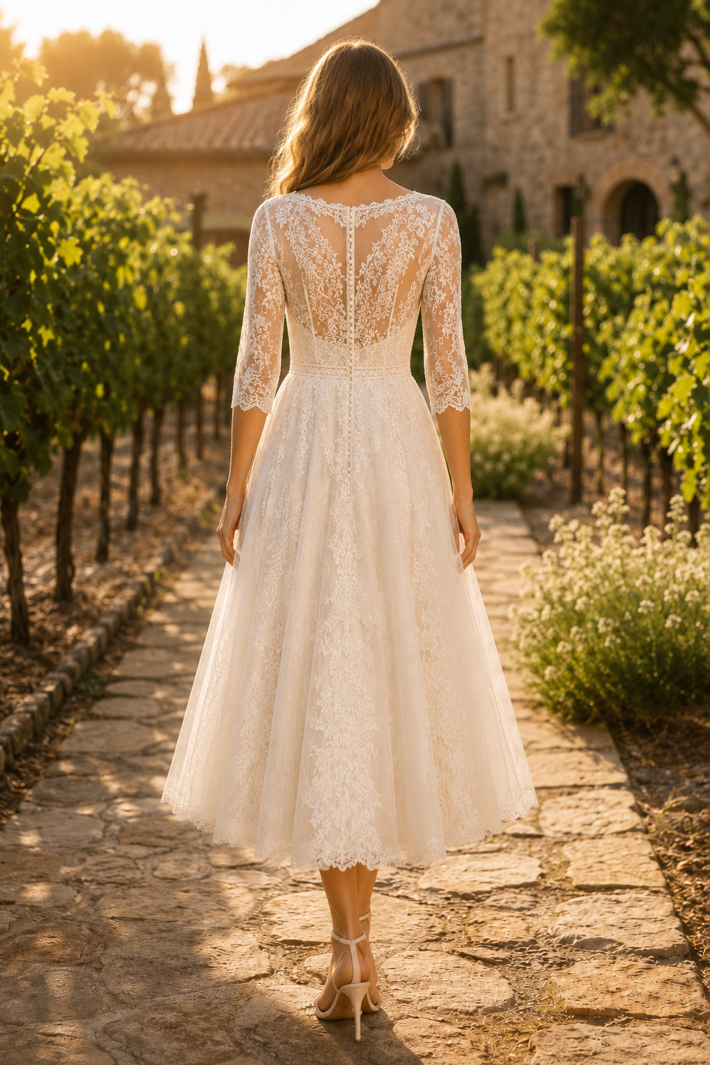Ivory Romantic V-Neck Tea-Length A-Line Tea Length Tulle Wedding Dress with Three Quarter Lace Sleeves and Tea-Length Hem bac