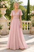 Pearl Pink V-Neck Chiffon A-Line Mother Dress with Lace Flutter Sleeves and Beaded Waist front view