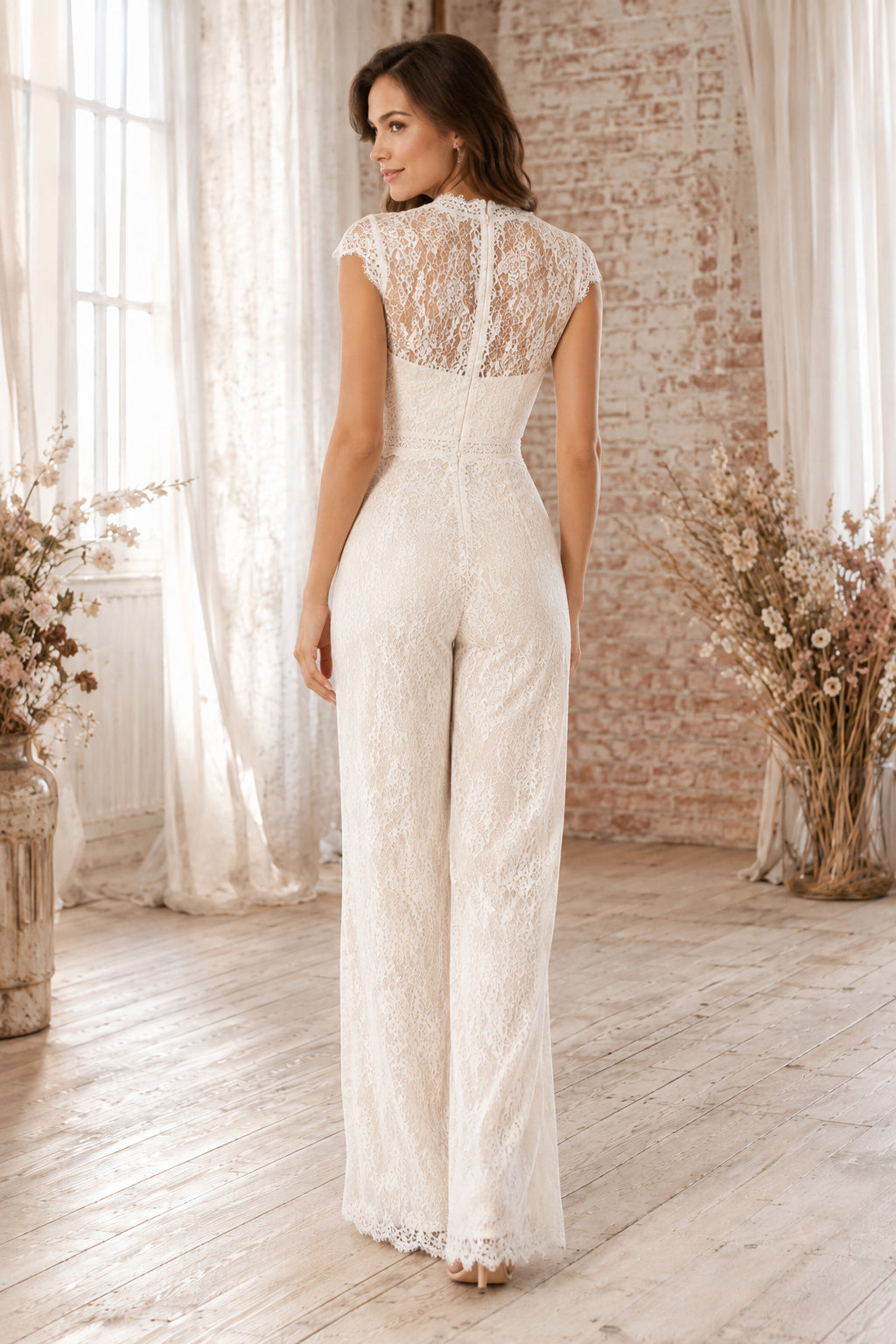 Ivory Cap Sleeve Illusion Lace Bridal Jumpsuit with High Neckline back view