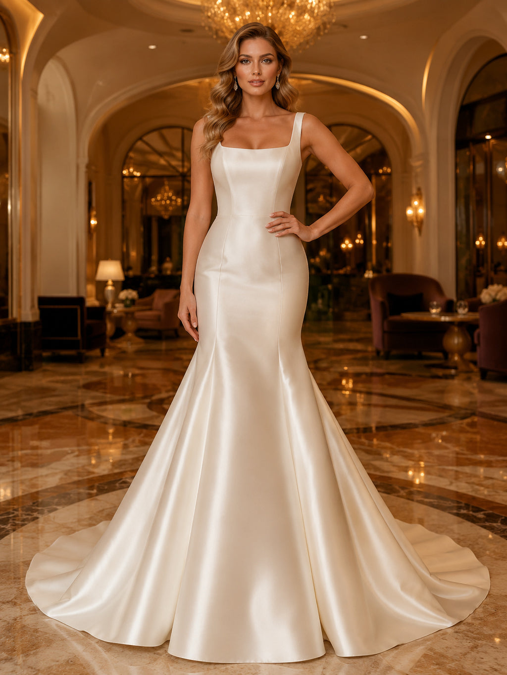 Square Neck Satin Mermaid Luxury Hotel Bridal Gown front view