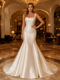 Square Neck Satin Mermaid Luxury Hotel Bridal Gown front view