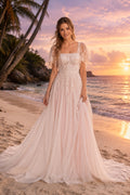 Blushing Pink Square Neck Short Sleeve Tulle A-Line Wedding Dress for Bridal Ceremony and Reception front view