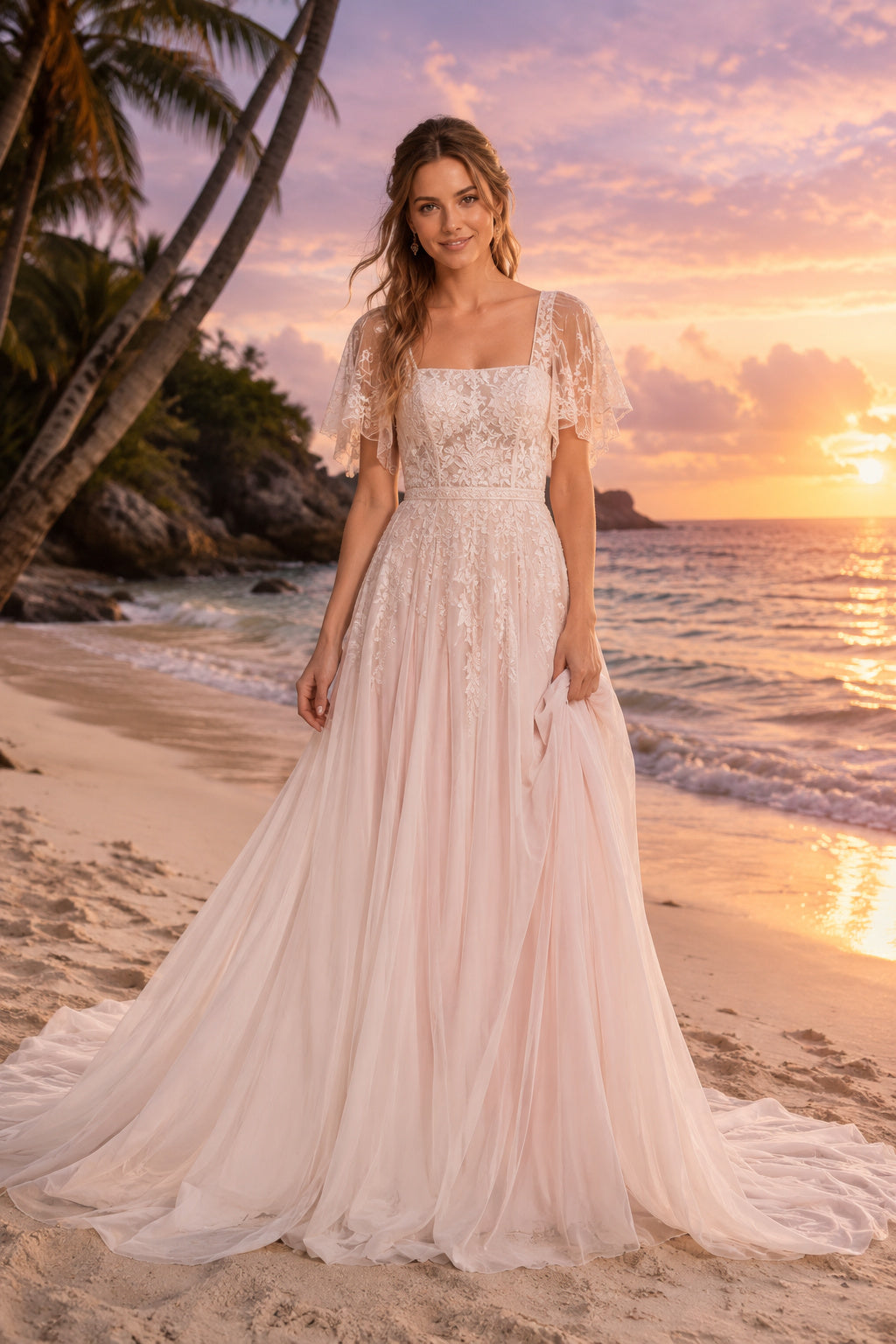 Blushing Pink Square Neck Short Sleeve Tulle A-Line Wedding Dress for Bridal Ceremony and Reception front view