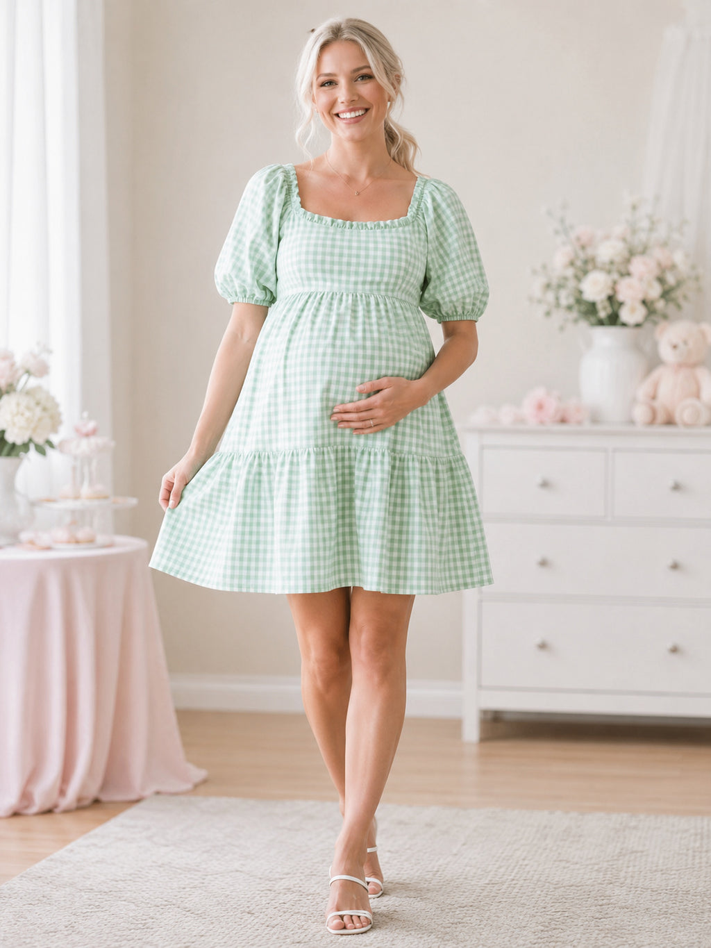 Mint Green Gingham Maternity Square Neck Puff Sleeve Tiered Short Dress front view