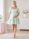 Mint Green Gingham Maternity Square Neck Puff Sleeve Tiered Short Dress front view