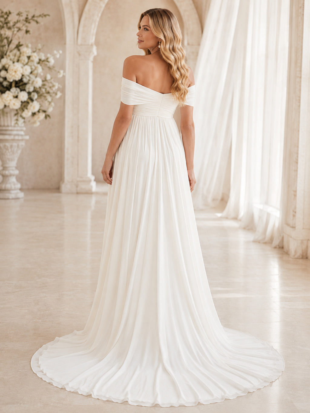 Romantic Maternity Wedding A Line Off Shoulder Chiffon Empire Sweep Train back view