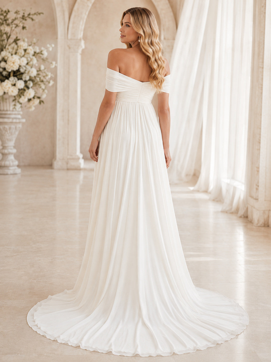 Romantic Maternity Wedding A Line Off Shoulder Chiffon Empire Sweep Train back view