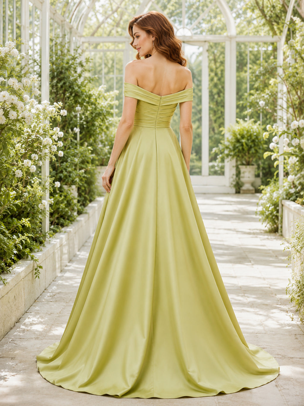 Lime Green Off Shoulder Pleated Satin A-Line Chapel Wedding Dress back view
