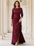 Claret Three Quarter Sleeve Ruched Mature Dress front view