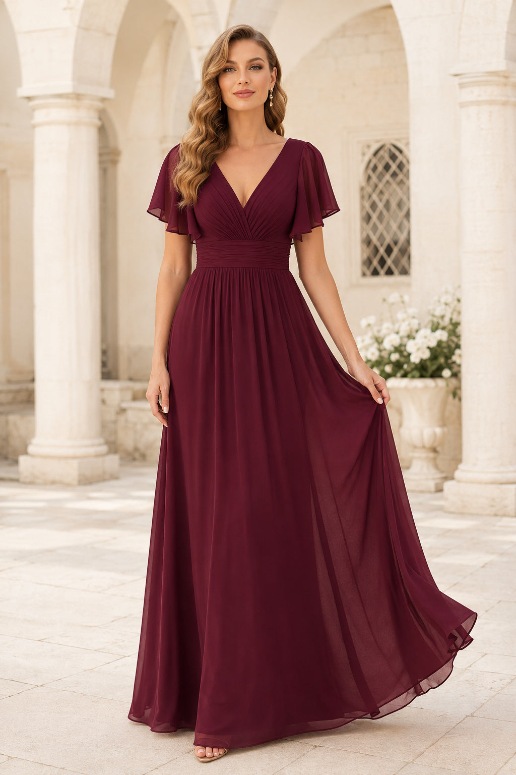 Burgundy V-Neck Chiffon A-Line Bridesmaid Dress with Flutter Sleeves and Floor Length Skirt front view