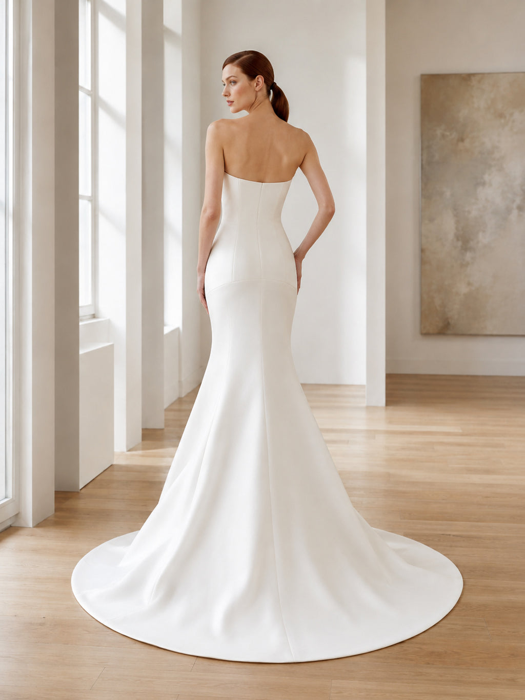 Modern Strapless Straight Neck Satin Mermaid Sweep Train Wedding Dress back view