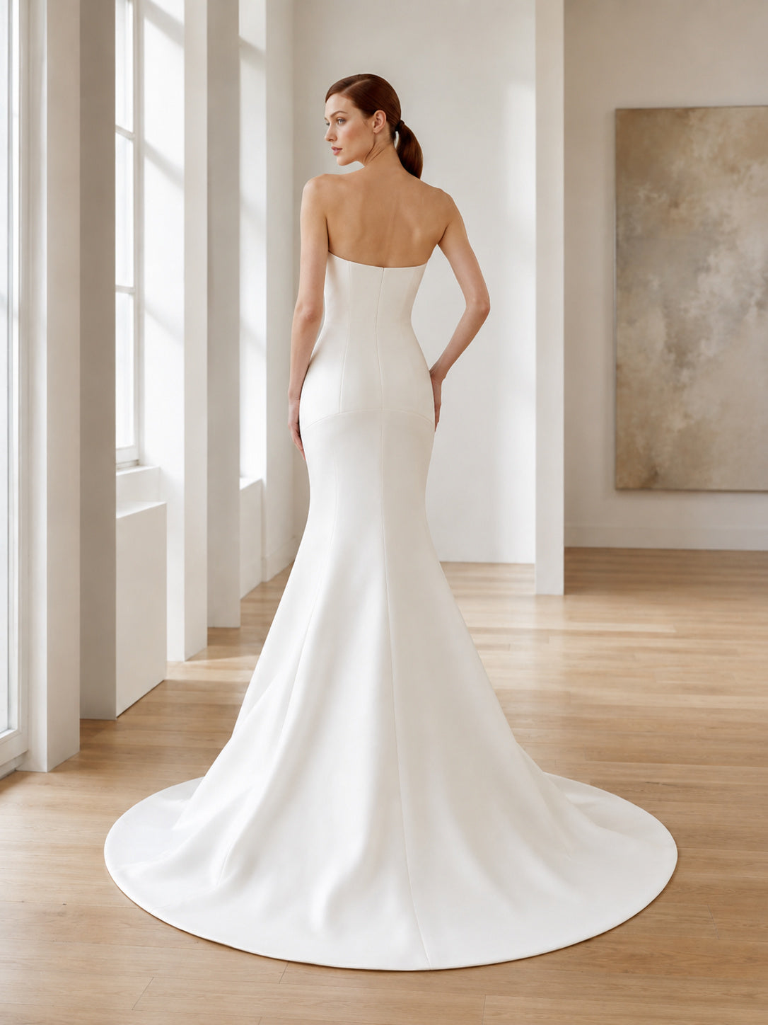 Modern Strapless Straight Neck Satin Mermaid Sweep Train Wedding Dress back view