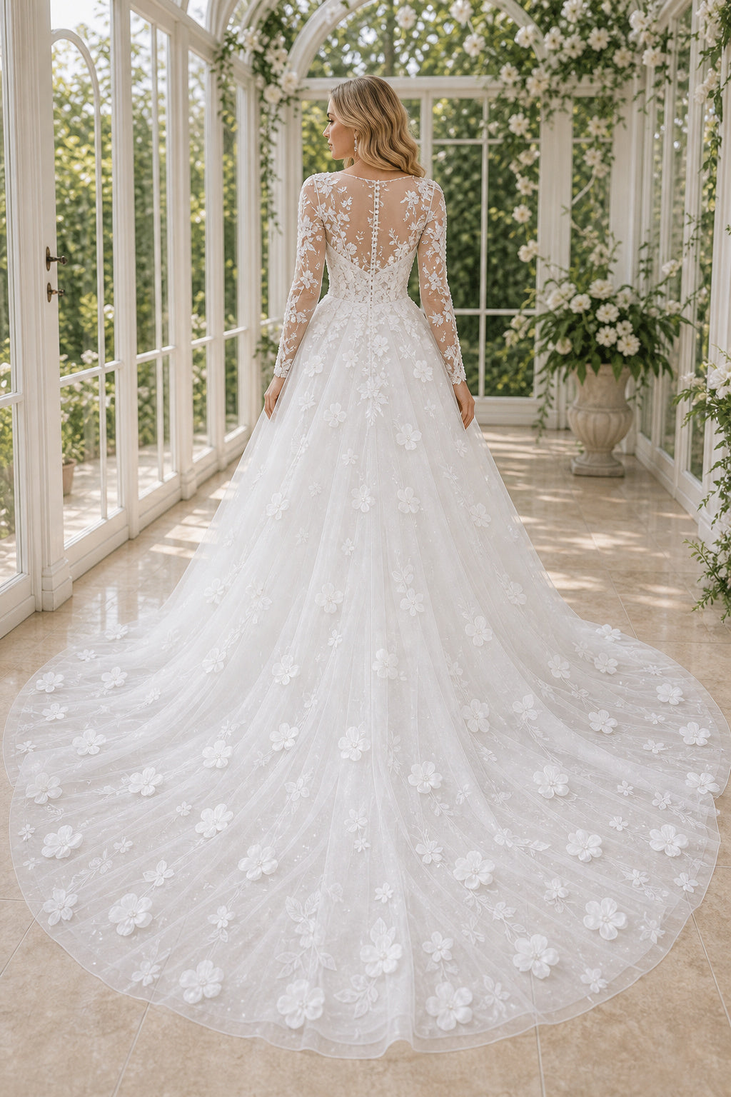 Ivory Bateau Short Sleeves Ball Gown Tulle Floor-length Wedding Dress With Floral Appliques and Front Slit and Open Back