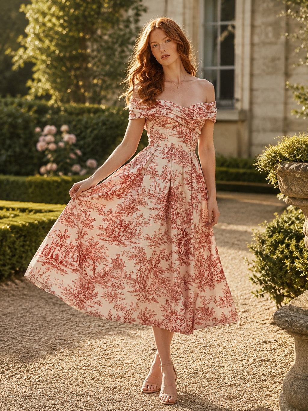 Rose Off Shoulder Toile Garden Cocktail Midi Dress front view