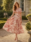 Rose Off Shoulder Toile Garden Cocktail Midi Dress front view