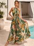 Green Tropical Batik Halter Resort A Line Maxi Dress front view
